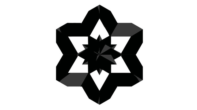 A geometric, symmetrical six-pointed star with a central three-dimensional star, rendered in grayscale