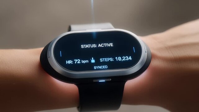 Smartwatch displaying fitness tracking metrics on a wrist with a gray band