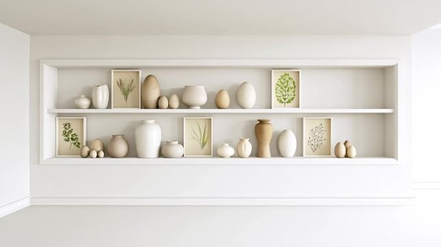 A minimalistic timelapse of a white bookshelf niche styled for easter with curated ceramics and sculptural eggs, concept of scandi easter and modern interior styling