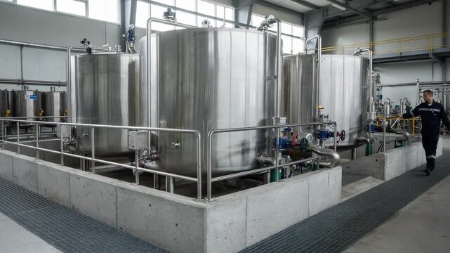 Medium shot capturing storage tanks in a solvent recovery area highlighting safe containment of reclaimed solvents from dye production processes.