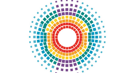 Vibrant abstract circular pattern made of colorful pixelated squares radiating outwards in a rainbow spectrum on a white background.