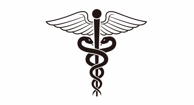 A black and white illustration of a caduceus symbol, featuring a staff with two snakes intertwined and a pair of wings at the top, representing medicine and healing.