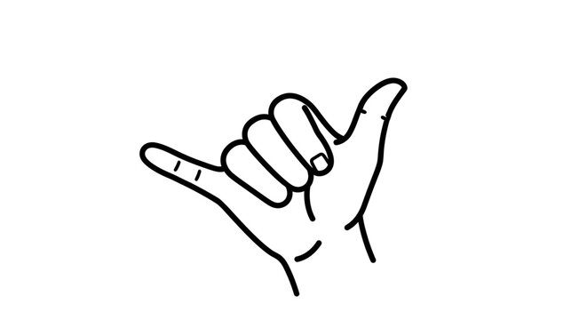 A simple line drawing of a hand making the shaka sign, often associated with surf culture and friendly greetings.