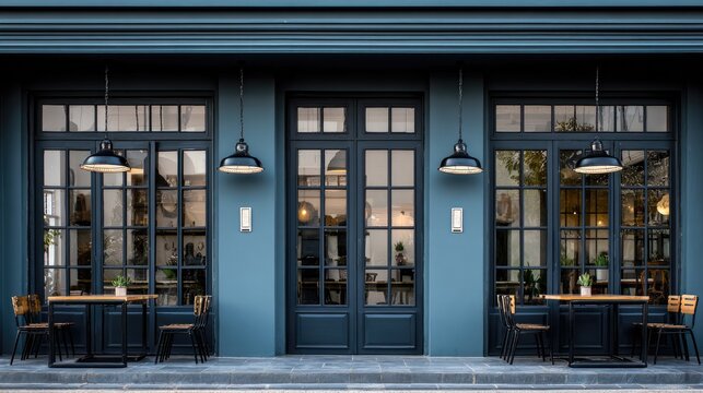 Exterior of a stylish cafe featuring windows tables and pendant lighting