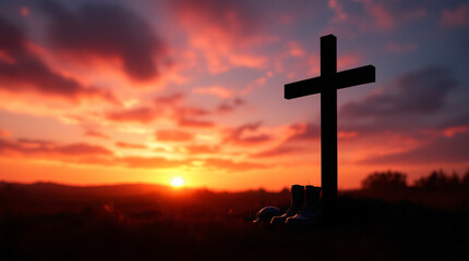 A silhouette of a Christian cross stands against a dramatic and colorful sunset sky, with vibrant orange and red clouds illuminating the horizon.