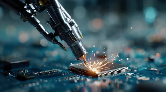 Industrial robotic arm performing high-precision assembly on a circuit board with bright golden sparks (AI Generated)