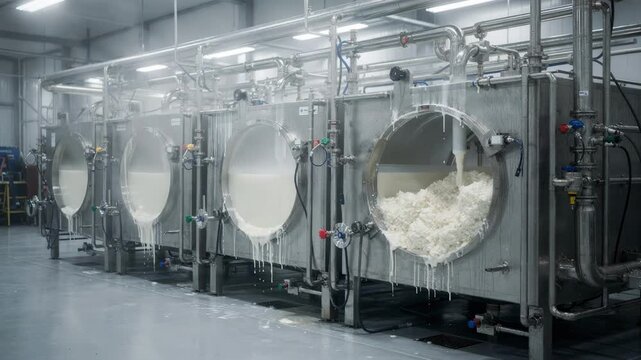 Medium shot capturing enclosed coagulation tanks with controlled acid dosing highlighting the seamless chemical reaction forming crumb rubber in a hightech facility.