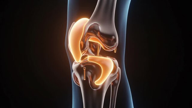 Anatomical illustration of the human knee joint, highlighting the cartilage and bone structure with a glowing orange accent on a dark background