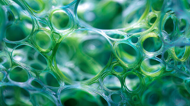 Biodegradable plastic technology sample macro shows intricate green and blue bubbles, highlighting innovative structure of eco friendly materials. This evokes sense of sustainability