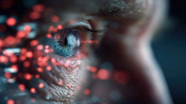 Close-up macro shot of a human eye with digital data overlay and red bokeh effects