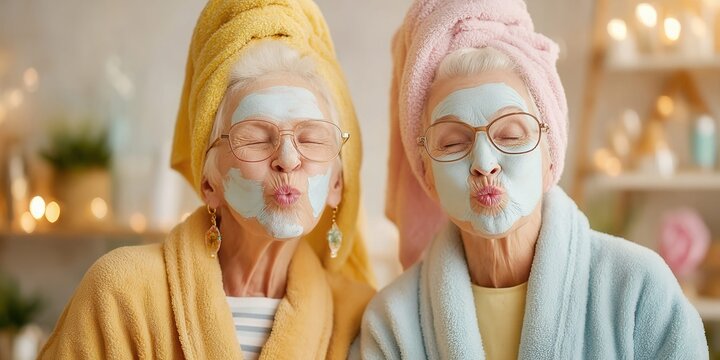 Two elderly women with face masks and towels on their heads making kissy faces