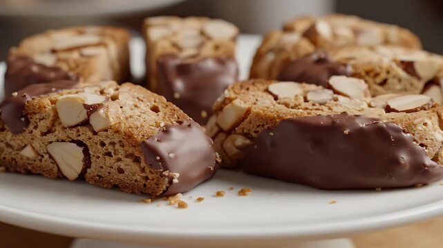 Seamless Loop Of Delicious Almond Biscotti Cookies Dipped In Dark Chocolate On A White Cake Stand With Soft Lighting Perfect For Food Commercials And Recipes