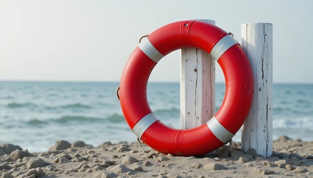 a single, empty, bright red life preserver ring leaning against a stark white wooden post on the shore. The background is an almost entirely white, washed-out sky and ocean.