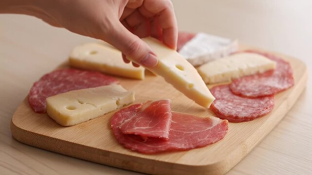 Hand Picking Cheese From a Charcuterie Board with Meat and Cheese Selection