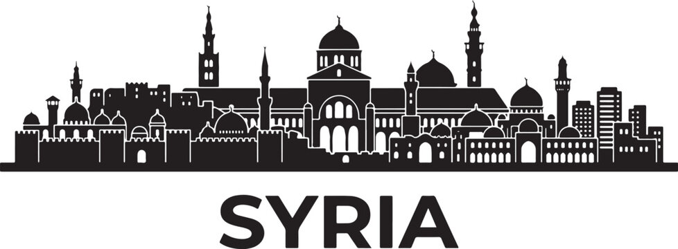 Syrian city skyline with mosques and minarets illustration