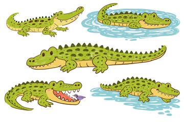 Obraz premium Crocodile cartoon set with funny baby alligators in childlike hand drawn style