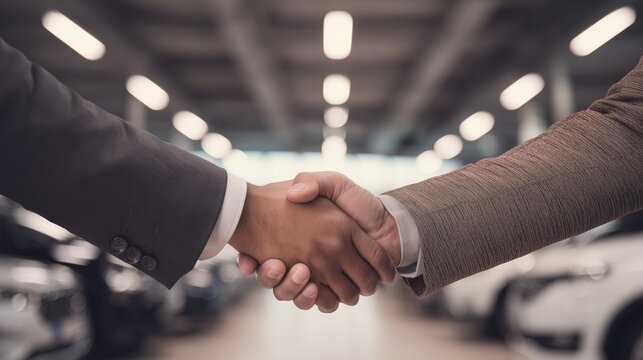 Business Handshake in Car Dealership. defocused handshake in an automotive workshop, with car prototypes and mechanics in the background, in an automobile industry