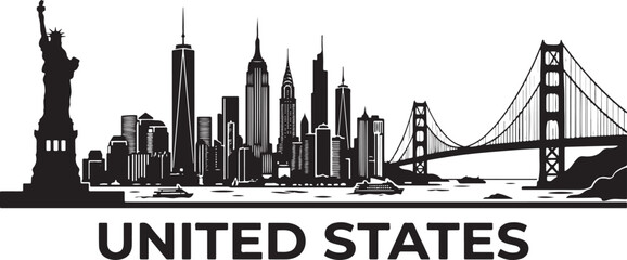 Naklejka premium Iconic USA landmarks in modern cityscape silhouette