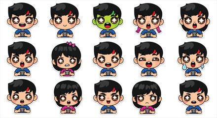 Obraz premium Cute Boy Character Emote Sticker Set, Cartoon Chibi Boy Emoji Pack, Funny Reaction Face Icons Vector
