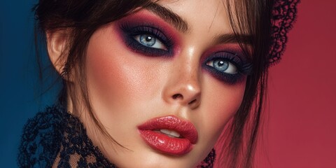 Fototapeta premium Dramatic smoky eye makeup with bold red lips and lace detail