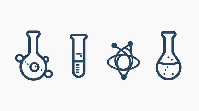 Four stylized, dark blue icons of laboratory equipment and a scientific atom model