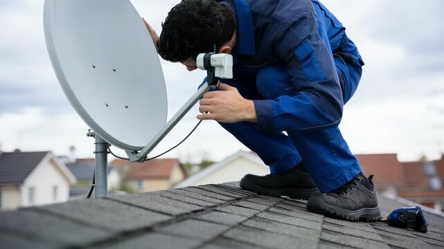 Medium shot of a technician adjusting a compact satellite dish on a rooftop with blurred sky and house background for optimal signal reception.