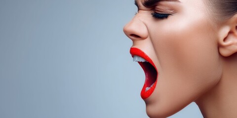 Fototapeta premium Close-up profile of a woman screaming with bright red lipstick and closed eyes