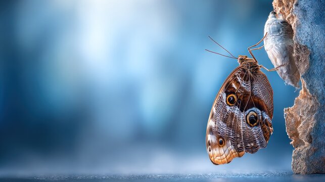 Newly emerged butterfly clings to its empty pupa shell against a soft blue background