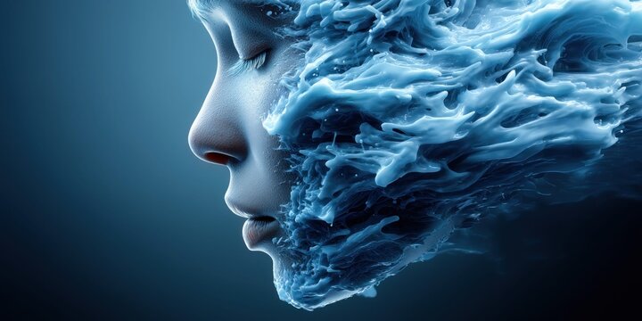 Abstract representation of a human face dissolving into swirling blue liquid or ice
