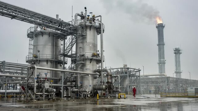 Catalytic cracking unit operation depicted during a cloudy day showing intricate reactor and regenerator vessels alongside a prominent flare stack with diffused natural light.