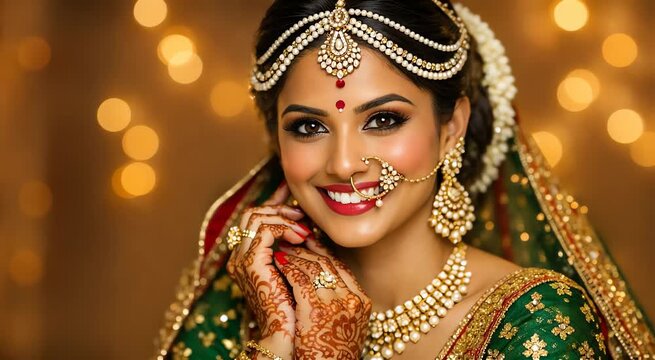 Indian bride wearing traditional jewelry and nose ring smiling at camera closeup bridal portrait suitable for wedding advertisement jewelry promotion culture fashion video