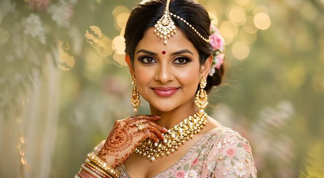 Indian bride wearing floral hairstyle and gold jewelry gently touching chin and smiling elegant bridal portrait suitable for wedding advertisement jewelry promotion beauty video