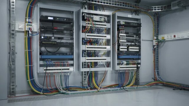 Medium shot of hospital telecom room highlighting wellorganized structured cabling and wallmounted network frames focusing on critical healthcare communication systems.