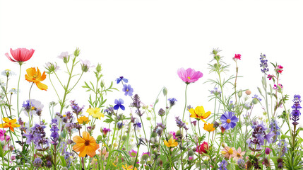 Fototapeta premium Colorful Wildflower Meadow Border on White Background