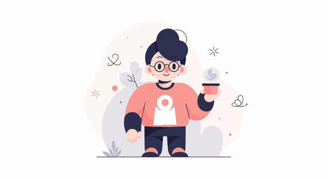 Cheerful cartoon character holding a cup with a swirling design