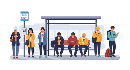 Diverse people looking at phones at bus stop, waiting for transport © Bakul