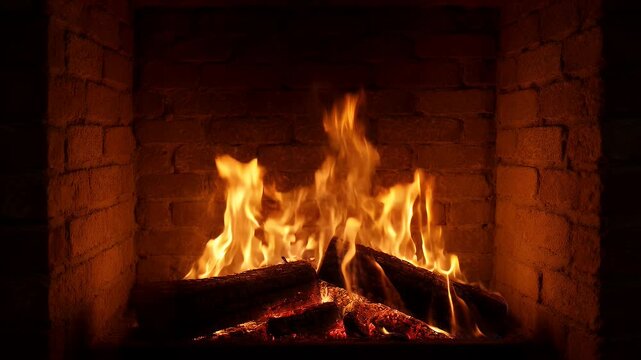 Close-up of a rustic brick fireplace with glowing logs and vibrant, dancing orange flames