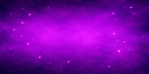 An abstract purple and blue galaxy background features a dark starry night sky filled with glowing cosmos particles, a shimmering nebula, and celestial dust across the vast universe © Md