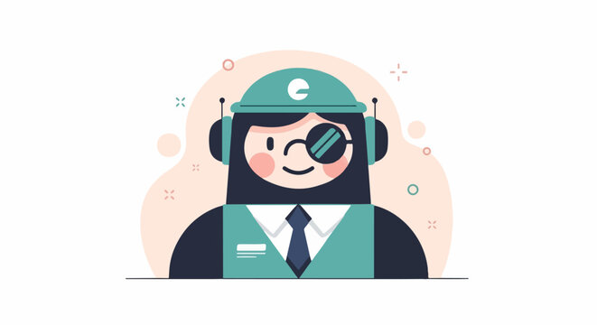 Cheerful cartoon character with a monocle and headphones