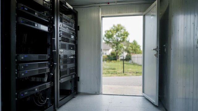 Medium shot of edge computing racks inside a compact shelter at a suburban mobile base station with blurred trees in the background.