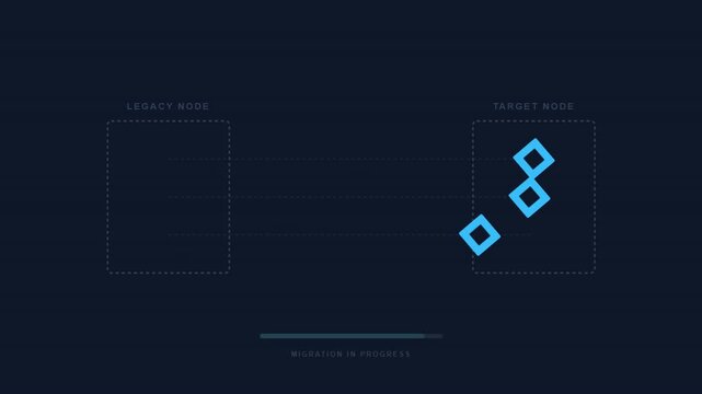 Data Migration Process with Blue Squares Moving Between Digital Containers.
