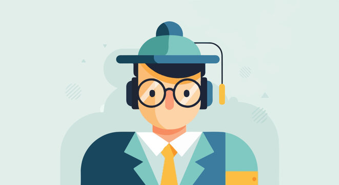 Cartoon scholar wearing graduation cap, glasses, and suit with headphones