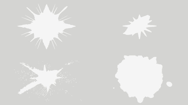 Four irregular white shapes, seemingly explosions or splatters, on a soft gray backdrop