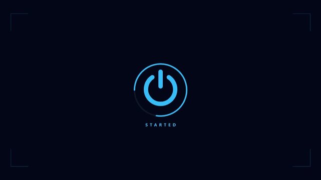 Digital Power Button Animation with Loading Text on Dark Background.