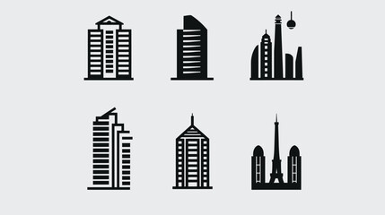 Fototapeta premium Black and white icons of various buildings, modern and historic, on a pale grey background