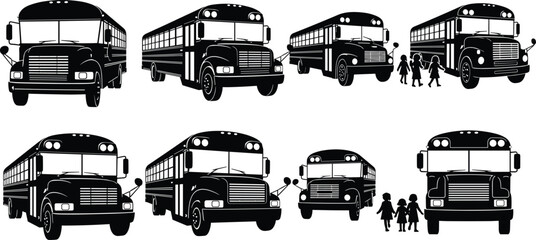 Black silhouette vector illustration of school buses in multiple angles with children walking nearby, symbolizing education, transport, safety, and community design themes © MdMahmudul