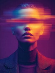 Abstract portrait of a woman with colorful horizontal glitch effect across her face and shoulders