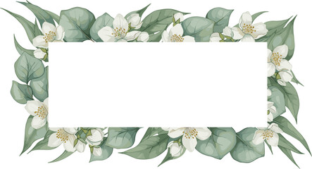 Decorative floral frame with jasmine‑like white blossoms and green leaves surrounding a blank center, ideal for invitations, greeting cards, or announcement designs. © MdMahmudul