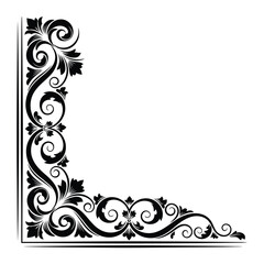 Fototapeta premium A black and white decorative corner frame featuring elegant floral filigree and vintage scrollwork
