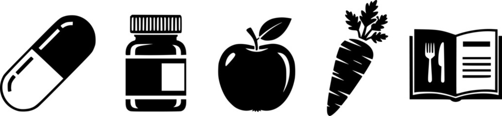 Obraz premium Health icons: medicine capsule, supplement bottle, apple, carrot, nutrition guide 